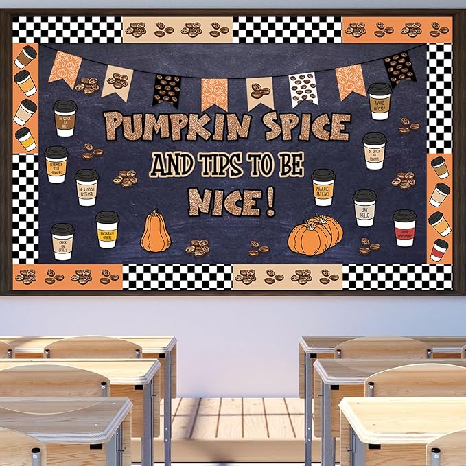 Honoson Fall Thanksgiving Coffee Bulletin Board Decorations Set Coffee Cup Bulletin Board Classroom Decoration Autumn Pumpkin Spice Paper Cutouts for Thanksgiving Fall Party Blackboard Wall Decor