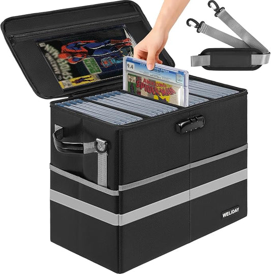 Graded Comic Storage Case Fits 30 CGC Comics, Fireproof & Moistureproof Comic Book Box, Stackable Comic Organizer Bin with Lock and 3 Internal Dividers