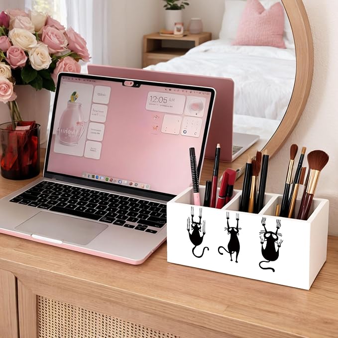 Funny Cat Pencil Holder, Wooden Desk Organizer with Cartoon Cats Climbing, Pen and Pencil Storage, Office and Study Desk Accessories