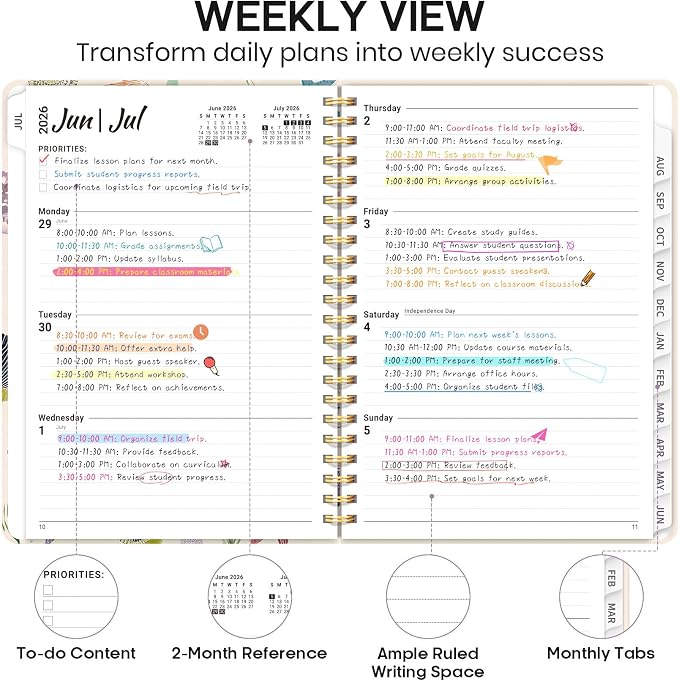 Academic Planner 2026-2027, Weekly and Monthly Calendar Book, July 2026 – June 2027, Hardcover Planner with Tabs, Perfect for Teachers, Students, Women & Men, A5 (6.4" x 8.5") - Sea Shell