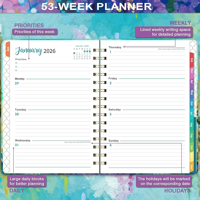 2026 Planner - JAN 2026 - DEC 2026, 2026 Planner Weekly and Monthly, 6.3" x 8.4", 2026 Calendar Planner, Weekly and Monthly Planner 2026 with Colorful Tabs, Twin-wire Binding,Back Pocket, Hardcover