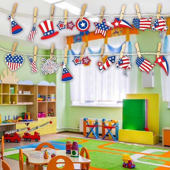 Whaline 48Pcs 4th of July Cut-Outs Patriotic American Flag Cut Outs with 100pcs Glue Points Cartoon Stars Stripes Heart Firework Paper Cut-Outs for Independence Day Classroom Bulletin Board Decor