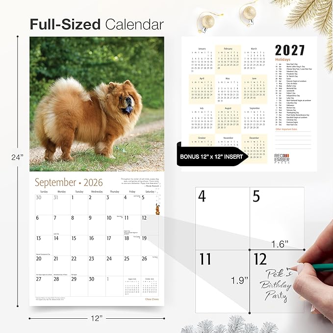 RED EMBER Chow Chows 2026 Wall Calendar 12 Month | 12" x 24" Open | Thick & Sturdy Paper |Giftable | Cute Puppy Dog Calendar 2026