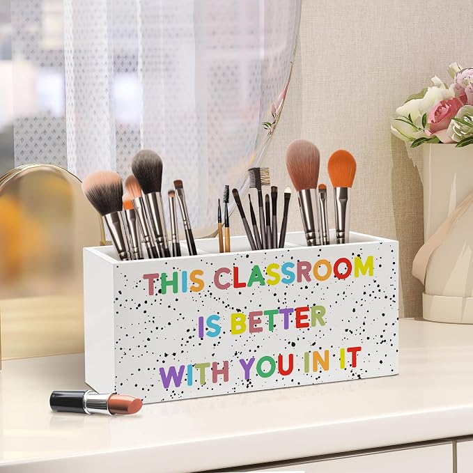 Classroom Pen Holder, Motivational Pen Pencil Holder Organizer for Desk Accessories, This Classroom Is Better with You In It Wooden Box Desk Decor for Kids Room Bedroom Desk Decorations