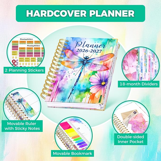 Planner 2026-2027, 18 Month Weekly and Monthly Academic Planner, July. 2026 - Dec. 2027, 6.6" x 8.3" A5 Hardcover Calendar Planner with Page Tabs, Separator Page, Inner Pocket, Bookmark, Stickers, Sticky Note Set