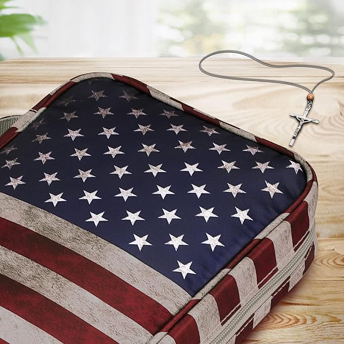 FINPAC Bible Cover, Carrying Book Case Church Bag Bible Protective with Handle and Zippered Pocket, Gift for Mother Lady Women Men, US Flag