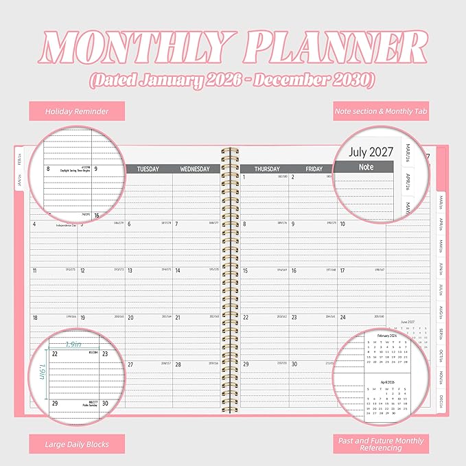 2026-2030 Monthly Planner 5 Year Monthly Planner/Calendar 2026-2030, Jan 2026 – Dec 2030, 9" x 11", Tabs, Double-Side Pocket, Holidays, Thick Paper - Pink