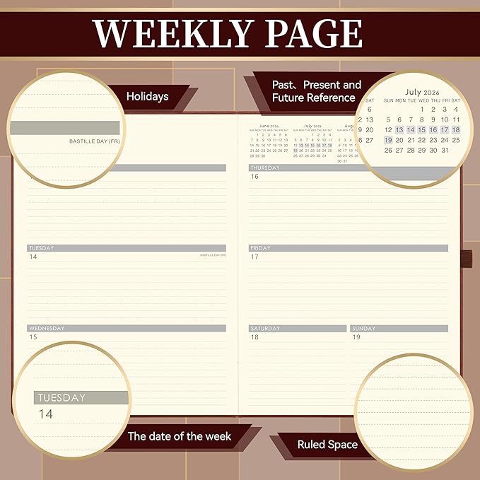 Vondafe 2026-2027 Planner - Weekly and Monthly Planner 2026-2027, Jul. 2026 - Jun. 2027, 9" x 11", 26-27 Calendar Planner with Inner Pocket + Elastic Closure + Pen Loop + Bookmarks, Leather Hardcover - Brown