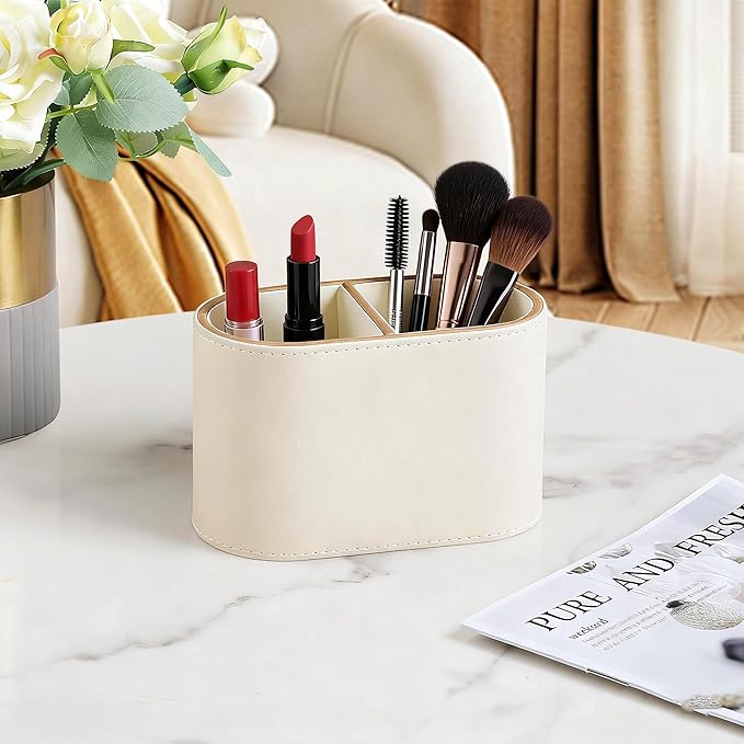 PU Leather Pen Holder with Two Compartments for Office White Pen Holder for Desk Decoration Multifunctional Pencil Organizer for Office Teacher Classroom Cosmetics Gifts Accessories Favor
