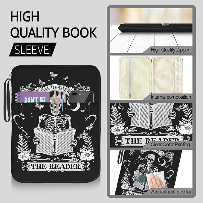 Book Sleeve Book Protector Pouch Case, Skull Book Sleeve with Zipper,Journal Book Sleeve Cover for Book Lovers Gifts, Gothic Skeleton Waterproof Book Club Gifts for Women Teacher Reader Librarian