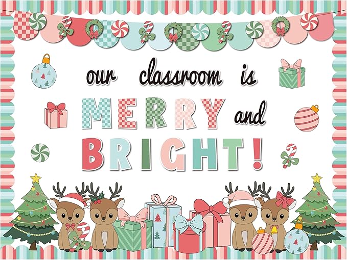 Christmas Bulletin Board Set Our Classroom is Merry and Bright Decor Boho Candy Banner Gift Boxes Xmas Trees Deer Cutouts for School Office Door Wall Decor Holiday Display