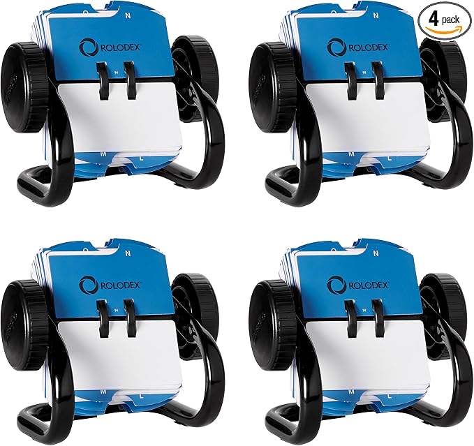 Rolodex MINI Rotary Card File, 1-3/4" x 3-1/4" Card Size, 250 Small Cards, Black - Compact Size, Perfect for Writing Names and Numbers (Pack of 4)