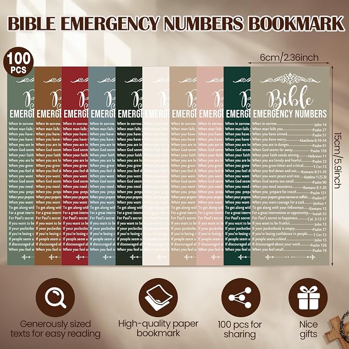 Motiskyy 100 Pcs Christian Bible Verse Emergency Numbers Bookmark Religious Church Gift 2.36 x 6'' Catholic Book of The Bible Card for Mom Women Men Retreat Sunday School(Multicolor)