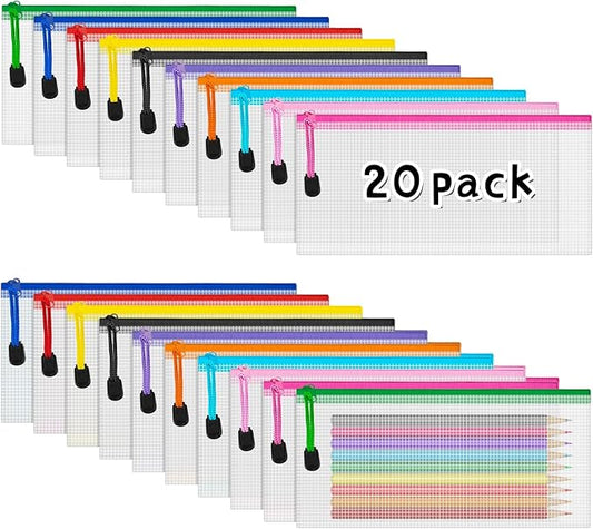 IKAYAS Mesh Pencil Bags - Zippered Document Folders, 20 Pack, 10 Colors - School & Office