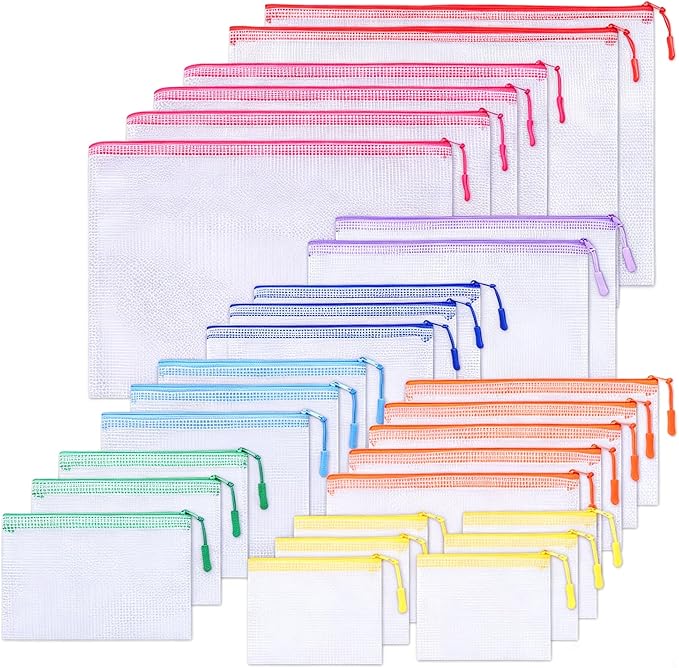 28Pcs Mesh Zipper Pouch Bags for Organizing, Waterproof Zipper Pouches in 8 Sizes, Multipurpose Mesh Pouch and Zipper Bags for Documents, School, Office, Home, and Travel Storage