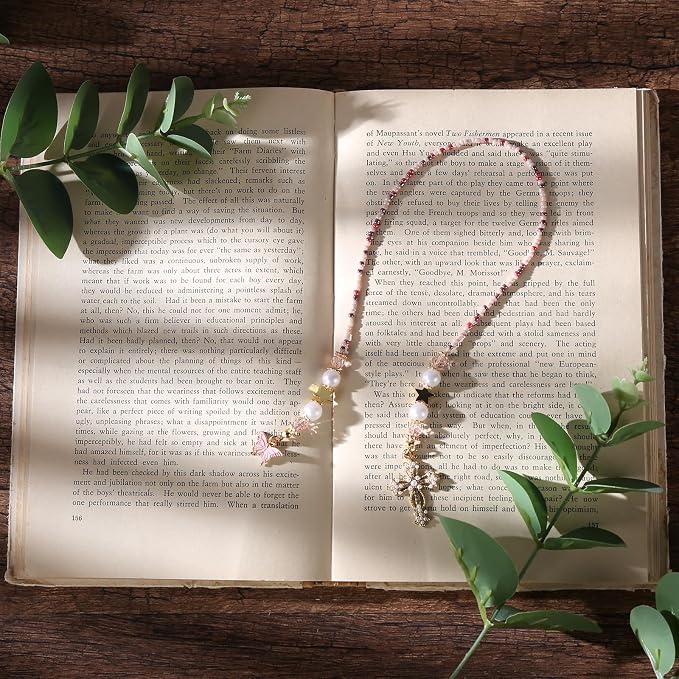 Vintage Pink Cross Beaded Bookmark - Butterfly Beads Book Mark for Women, Christian Religious Aesthetic Accessories Bookish Gifts for Booklovers Students Teachers