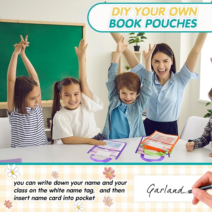 Teling 36 Pack Thick Clear Book Pouches with Blank Name Tags and Handles Book Baggies Bags Bins Organizer for School Classroom Library Pockets Students (10 x 12 Inch,Bright Color)