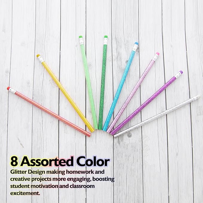BAZIC PRODUCTS Metallic Glitter Pencil w/Eraser, Latex Free Eraser, Unsharpened Rewards Glitter Pencil (8/Pack), 2-Packs