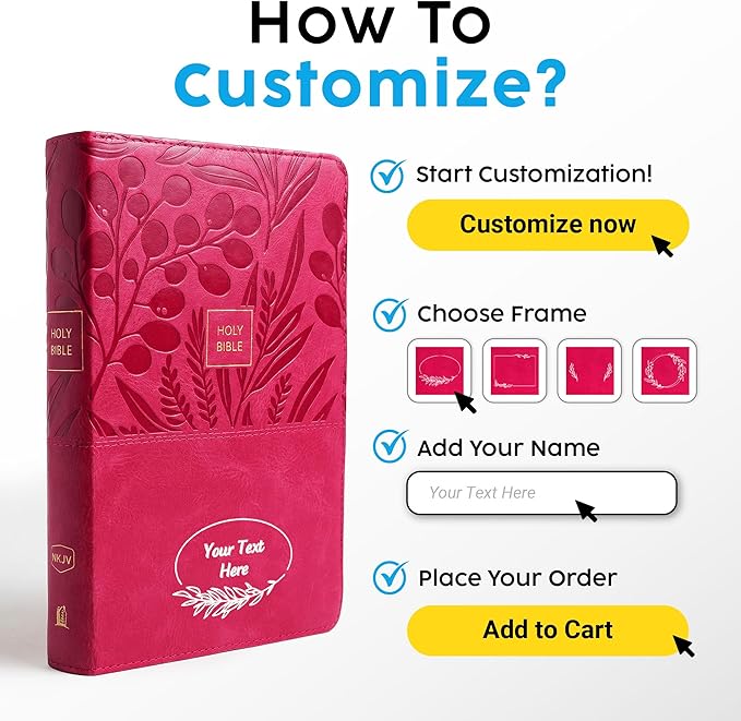 Personalized NKJV Reference Bible, Custom Name Text & Design, New King James Version, Large Print, Red Letter, Cross References, Faux Leather Pink, Baptism Confirmation Gift
