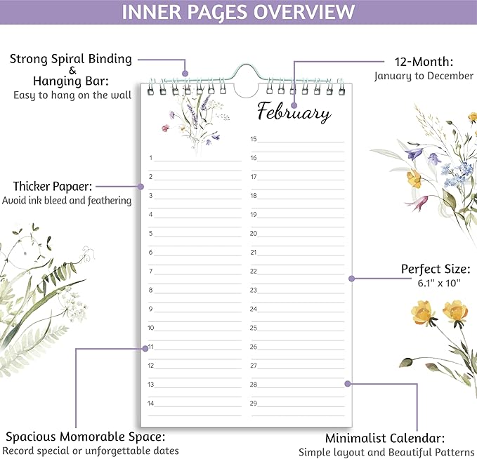 Perpetual Calendar – Undated Calendar 12-Month for Birthday, Anniversaries, Important Days, Festivals Reminder, 6'' x 10'' with 2 Lines Per Days, Twin-wire Binding, Thicker Paper, Minimalist Flowers