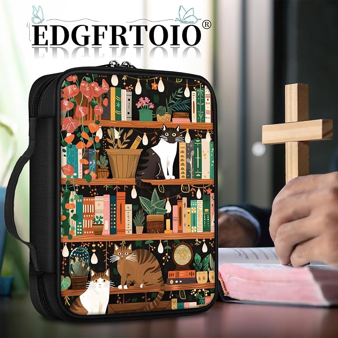 Bible Cover, Cat Bookshelf Bible Case with Handle and Zippered Pocket Standard Size Holy Bible Bag Women Gifts, Church Bag Portable Bible Carrying Book Case for Bible Study