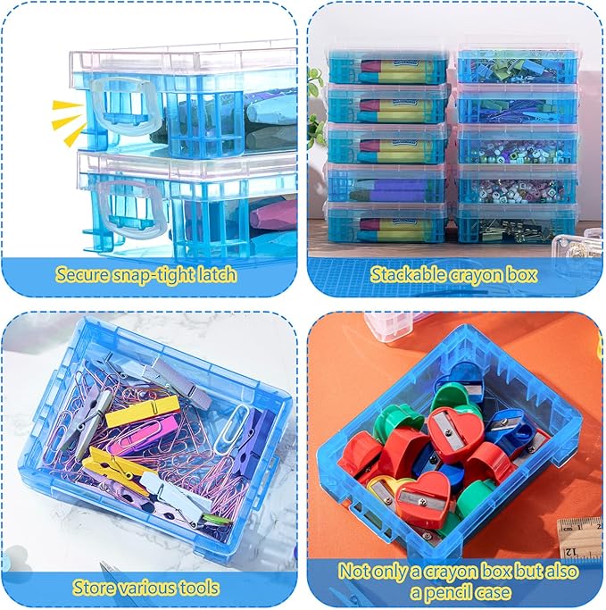 Suzile 12 Pcs Plastic Clear Crayon Box with Lids Stackable Blue Crayon Organizer Storage Holder Container Bulk Hard Pencil Case for School Classroom Office Supplies Pen Pencil Art Crafts