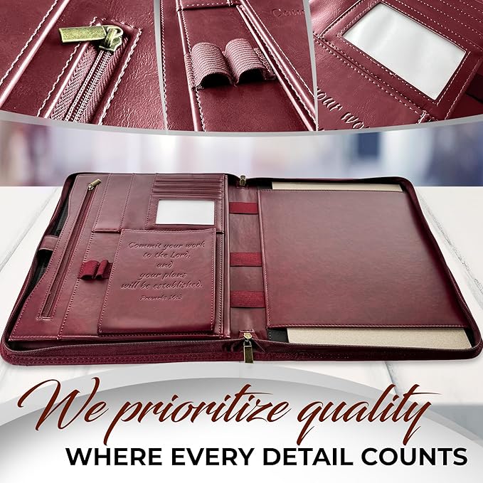 DEHITE Leather Portfolio for Men – Padfolio Case for Men and Women – Cherry Bible Notebook Organizer – Pen Slots – Zipper Binder – Premium PU Leather – Feels Like Full-Grain – Office Gift Accessories