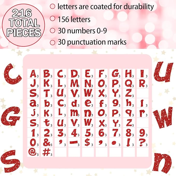 Colarr 216 Pcs Red Glitter Bulletin Board Letters for Classroom Number Alphabet Punctuation Symbol Cutout 4'' Die-Cut Poster Letter with Adhesive Dot School Graduation Party Wedding Patriotic Decor