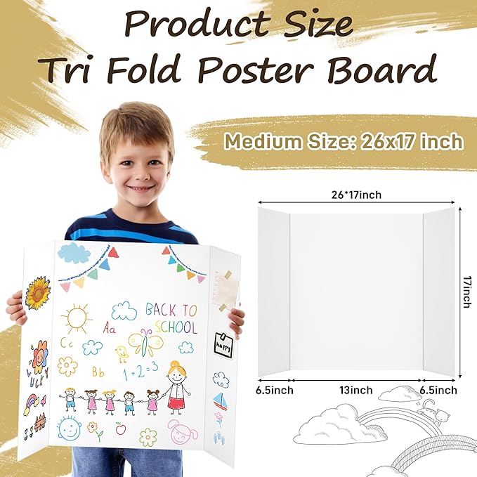 PSHVYM 12 Pcs Medium Trifold Poster Board, 26 x 17 inches with Double Sided Tapes and Cardboard, Corrugated Presentation/Display Board for School Project, Science Fair, Business
