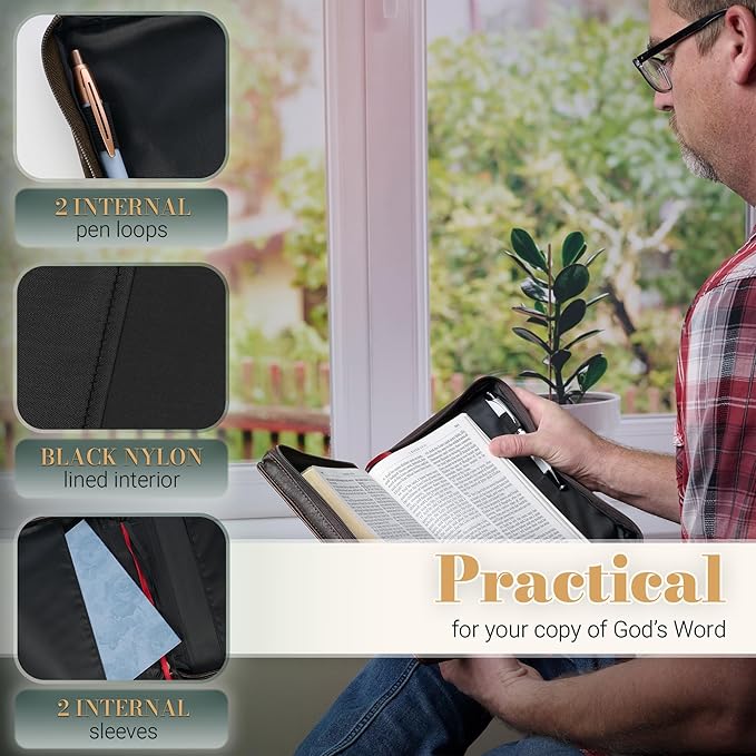 Christian Art Gifts Premium Vegan Leather Inspirational Bible Cover for Men & Women: Debossed Crown of Thorns Design, Inspiring Scripture, Easy Carry Zippered Case, Pen Loops, Pockets, Brown, Medium