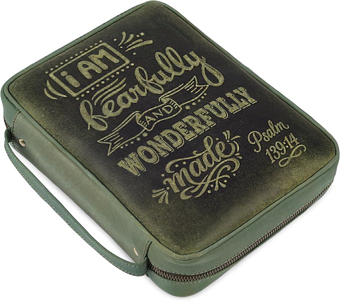 LEATHER VILLAGE Handmade Vintage Genuine Leather Embossed Bible Cover for Men & Women - Large Protective Bible Case & Organizer for Church, Travel & Study Christian Religious Antique Bookmark- Olive