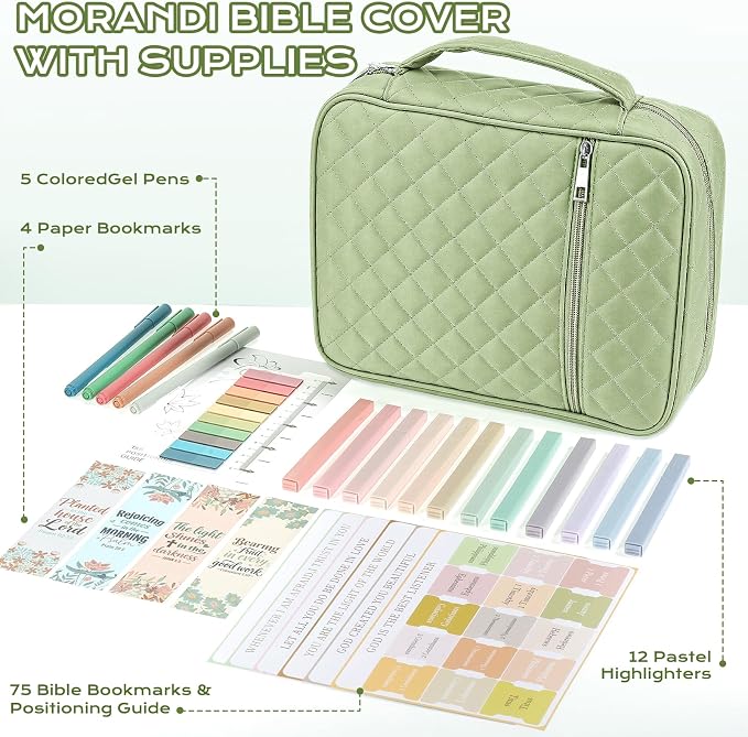 XKDOUS Quilted Bible Cover Case with Bible Study Accessories Kit, Waterproof Large Capacity Bible Bag for Women Men, Portable for Church Study, Multiple Morandi Color Options (Green)