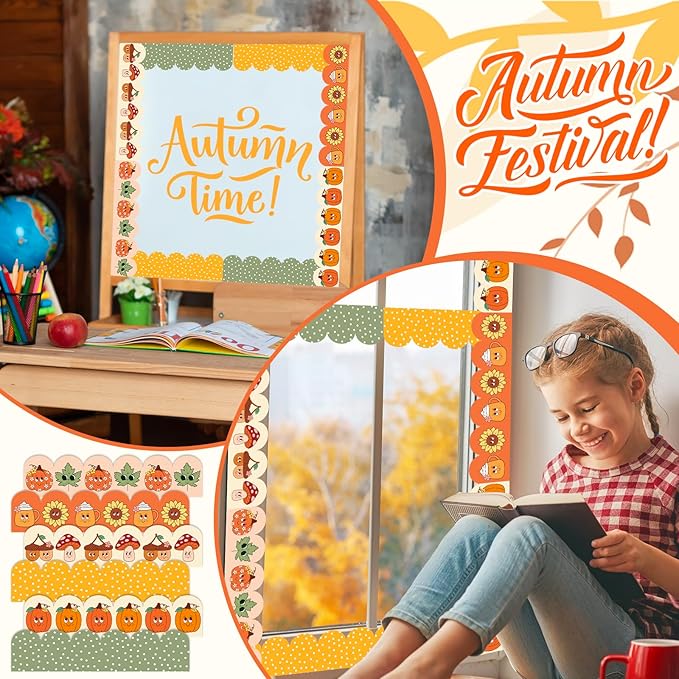 FYSUIMU 60 Pcs Fall Thanksgiving Cartoon Bulletin Board Borders Retro Pumpkin Leaves Mushroom Scalloped Border Trim Autumn Self-Adhesive Sticker for Harvest Party School Home Classroom Wall Decor