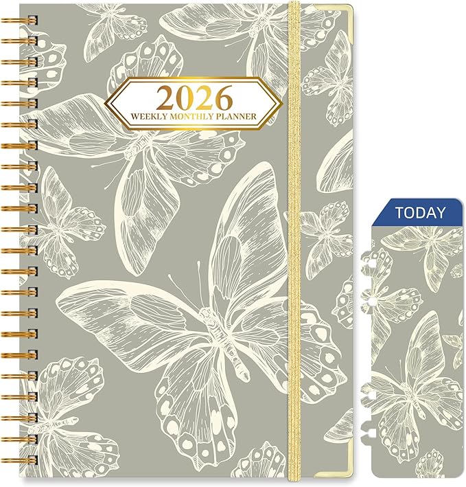 2026 Planner, Jan.2026 - Dec.2026 Planner Weekly and Monthly 6.25"x8.5" with Page Tabs, Calendar Hardcover with Inner Pocket, Elastic Band, Twin-Wire Binding, Bookmark, Gray Butterfly