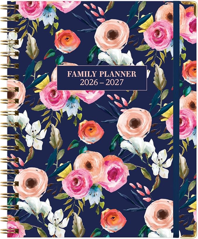 FAMILY PLANNER ORGANIZER – 8.5" x 11" Weekly & Monthly Calendar (May 2026-Jun 2026). 5+ People, Meal Planning, Budgeting, Habit Tracker – Hardcover, Household Schedule Organizer for Parents, Kids, & Caregivers (Small Navy Floral)