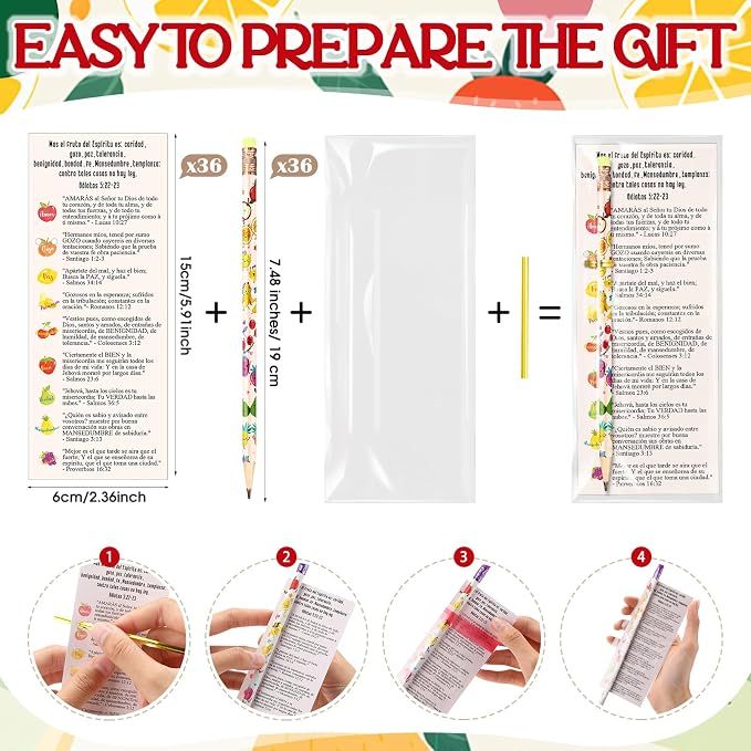 Dunzoom 36 Set Fruits of The Spirit Gift Fruit Scented Pencil with Eraser Christian Bookmark Religious Sunday School Prize Christian VBS Gifts for Church Gift Exchange (Spanish)