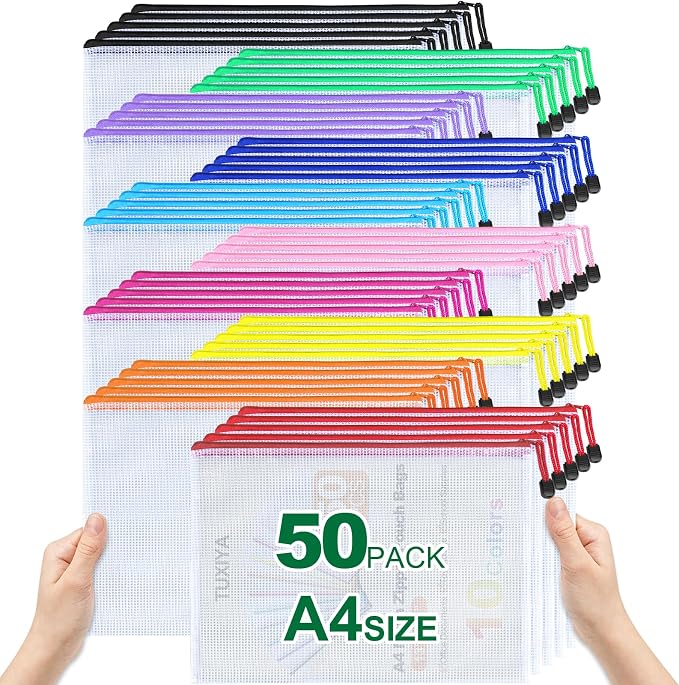 TUXIYA 50pcs Mesh Zipper Pouch Bags,A4 Letter Size,10 Colors 13"×9.3" Zipper Pouches for Organizing Storage,Mesh Bags with Zipper,for School,Office,Board Games & Puzzles and Travel Toiletries