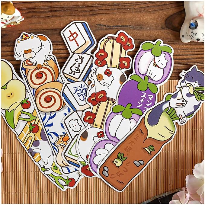 Cute Funny Animal Theme Colorful Bookmarks, 30 PCS (Cat's Delicious Adventure)
