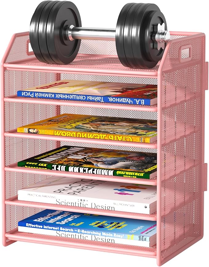 6 Trays Paper Organizer Letter Tray with Pull-Out Drawer, Assembled Mesh Desk File Holder, Metal Paper Sorter for Office Documents, Pink