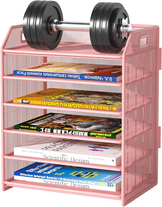 6 Trays Paper Organizer Letter Tray with Pull-Out Drawer, Assembled Mesh Desk File Holder, Metal Paper Sorter for Office Documents, Pink