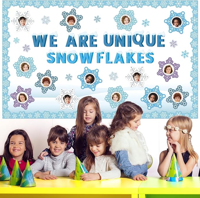 QOUBAI Winter Bulletin Board Decorations Snowflakes Paper Cutouts DIY Photo Crafts Christmas Bulletin Board Set for Winter Holiday Classroom Chalkboard Wall Door Decor Home School Supplies
