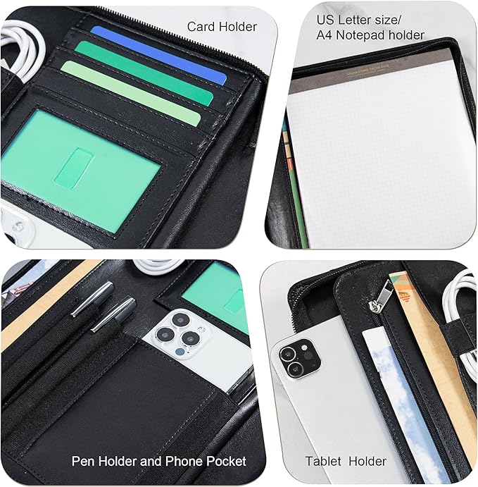 Calfinder Leather Padfolio with Zipper, Professional Business Padfolio for Women,Leather Portfolio for Men,Portfolio Binder for Ipad,Document and Resume,Gift for Valentine's Day