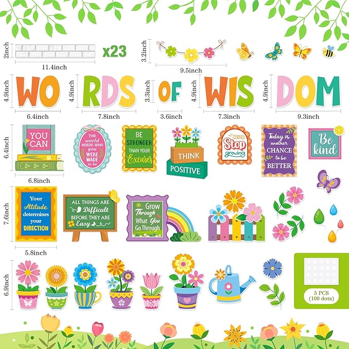 Mooliwe 57 Pcs Spring Floral Bulletin Board Set Inspirational Flower Bulletin Board Decoration Positive Cutout Classroom Decoration for School Office Home Teacher Classroom Wall Supplies