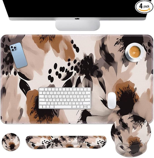 Britimes Brown Boho Tribal Flower Keyboard Mouse Pad Set 4in1 Large Mousepad+Keyboard Wrist Rest+Mouse Wrist Rest+Coaster Set with Ergonomic Design for Home Office Computer 35.4x15.7 inches