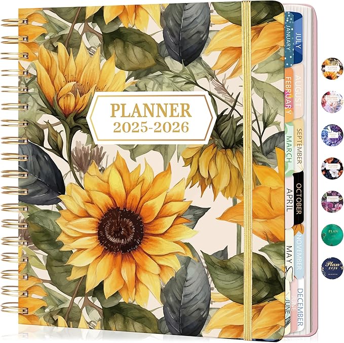 CAGIE 2026 Planner Weekly and Monthly — January - December 2026 Calendar, Hardcover Spiral Bound, 13 Monthly Dividers Tabs, Stickers, 8.3 x 9.3 Inch, Women Sunflower Planner Agenda For Work, Family Affiar, Personal
