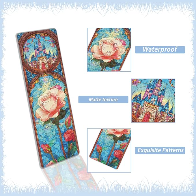 10 Pcs Stained Glass Rose Castle Bookmarks, Aesthetic Transparent PVC Flower Book Mark Set, Matte Frosted Bookmark Gift for Women Girls Readers and Bookworms (6 x 2 Inch)