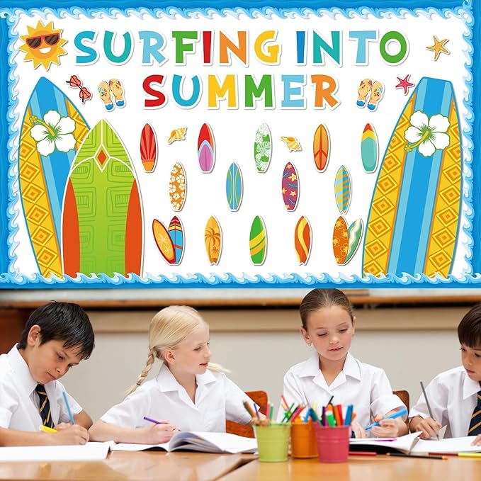Summer Classroom Bulletin Board Decorations Surfboard Surfing Bulletin Board Set Surfing Into Summer Paper Cutouts for Surfboard Sign Teacher SClassroom School Home Kindergarten Supplies