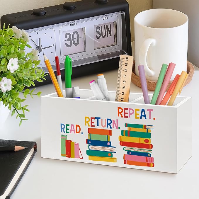 Book Lover Gifts Pen Holder, Book Reader Gifts Classroom Pen Pencil Holder Organizer for Desk Accessories, Bookish Wooden Box Desk Decor for Reading Room Library Classroom Desk Decorations