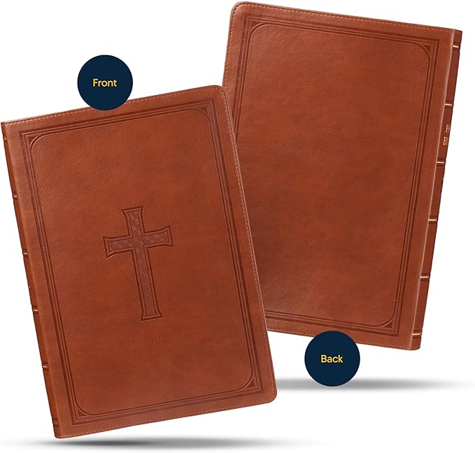 Personalized KJV Large Bible Saddle Brown Faux Leather Super Giant Print Size with Cross Cover Design | Custom with Name, Date or Text | Gift for Christian & Religious Celebrations