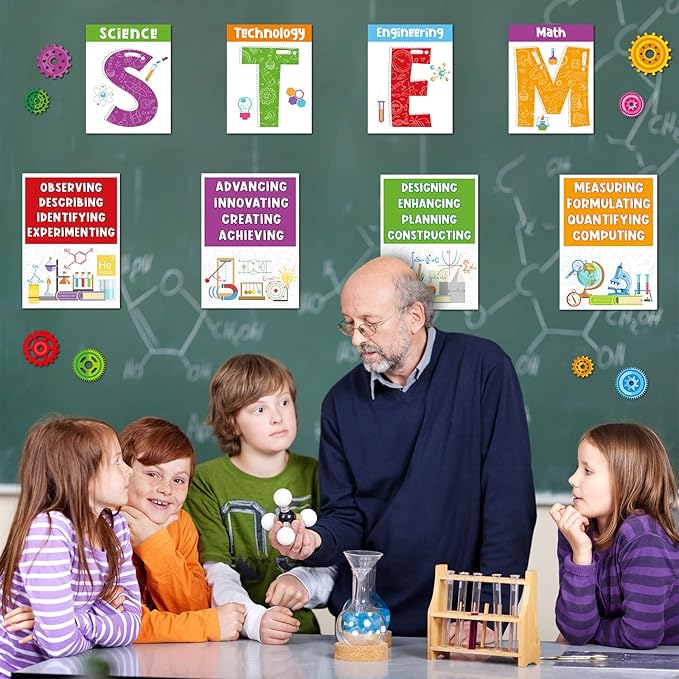 Zonon 40 Pcs Stem Science Bulletin Board Set Stem Classroom Decorations Scientist Posters Gear Shaped Cutouts Teachers Banner Wall Decor for Pre School Elementary Middle School Office Party Supplies